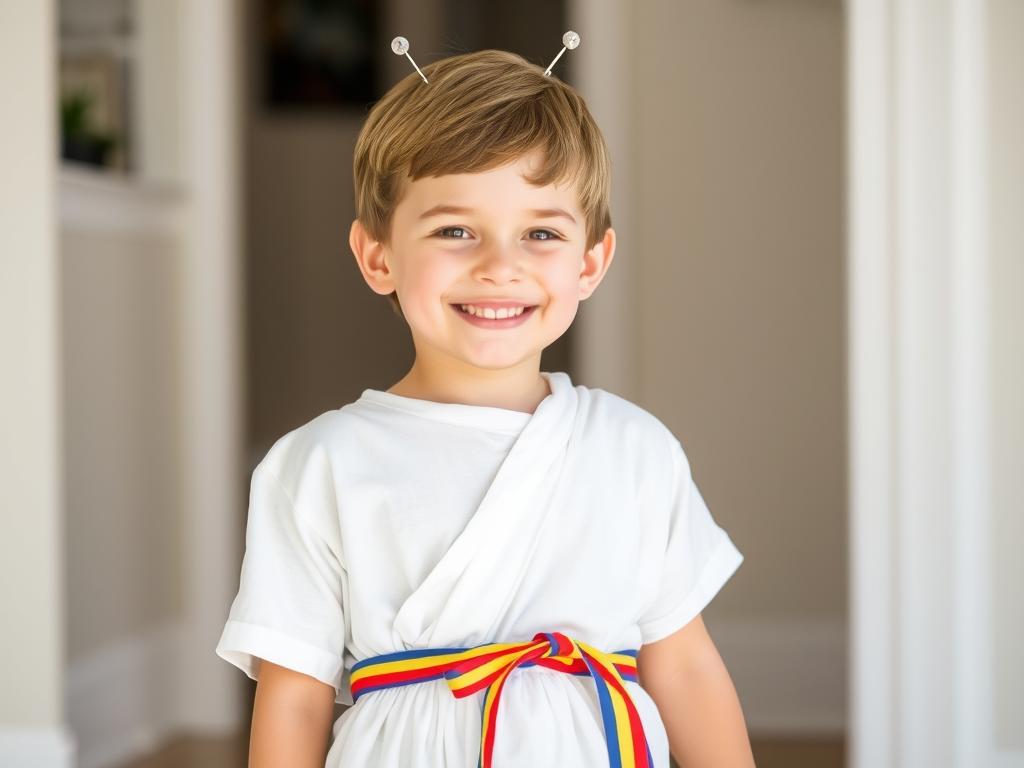 Dziecko w stroju greckim wykonanym z małego prześcieradła