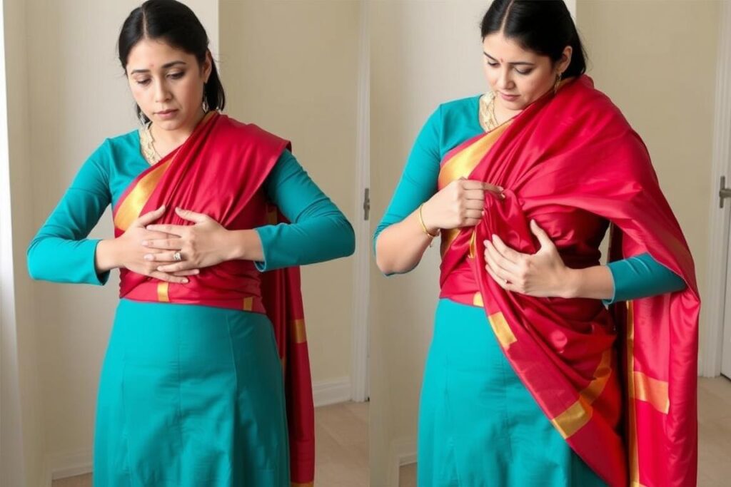 Kobieta prezentująca jak prawidłowo zawijać sari wokół ciała