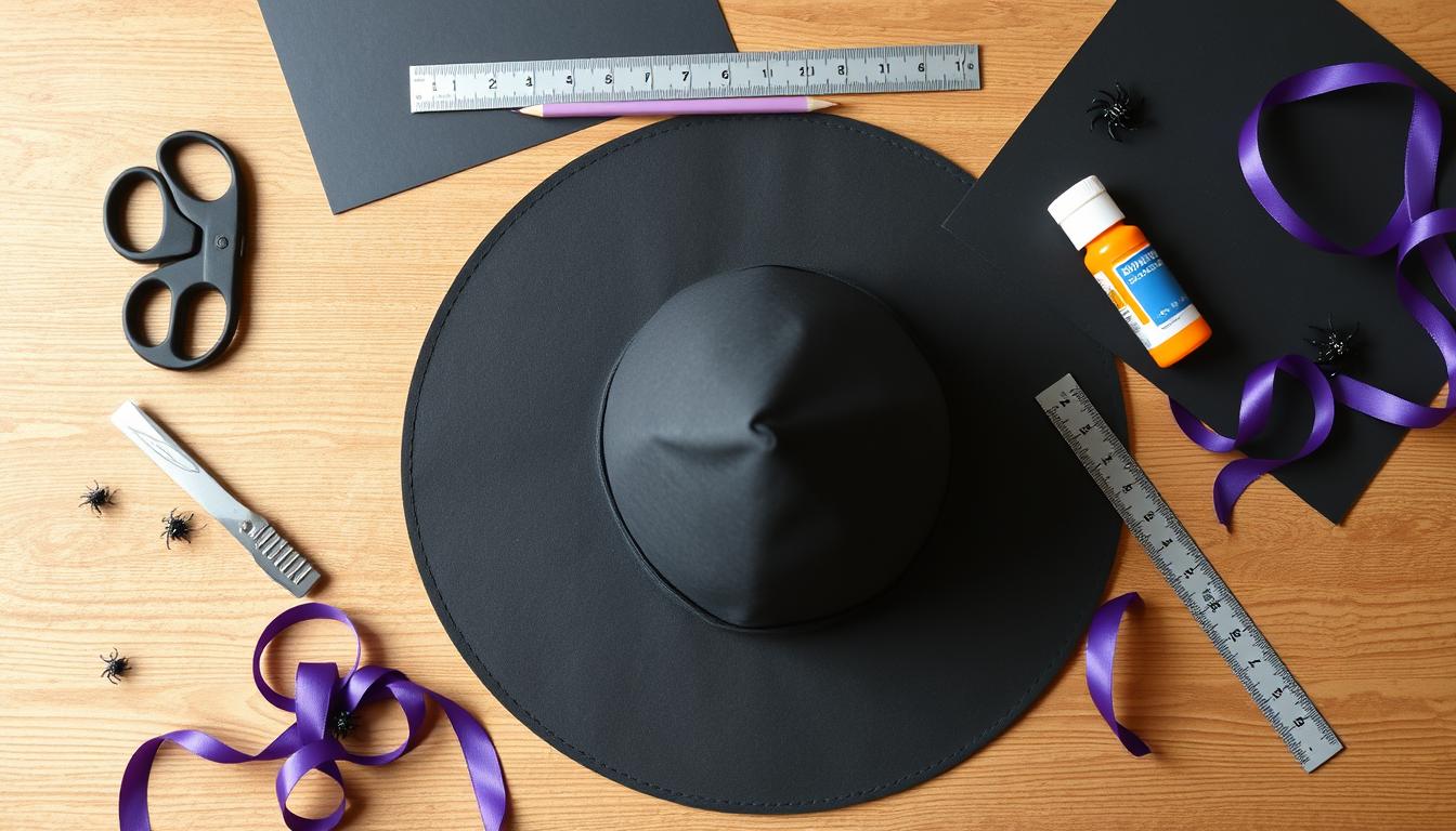 Materiały potrzebne do zrobienia kapelusza czarownicy rozłożone na stole