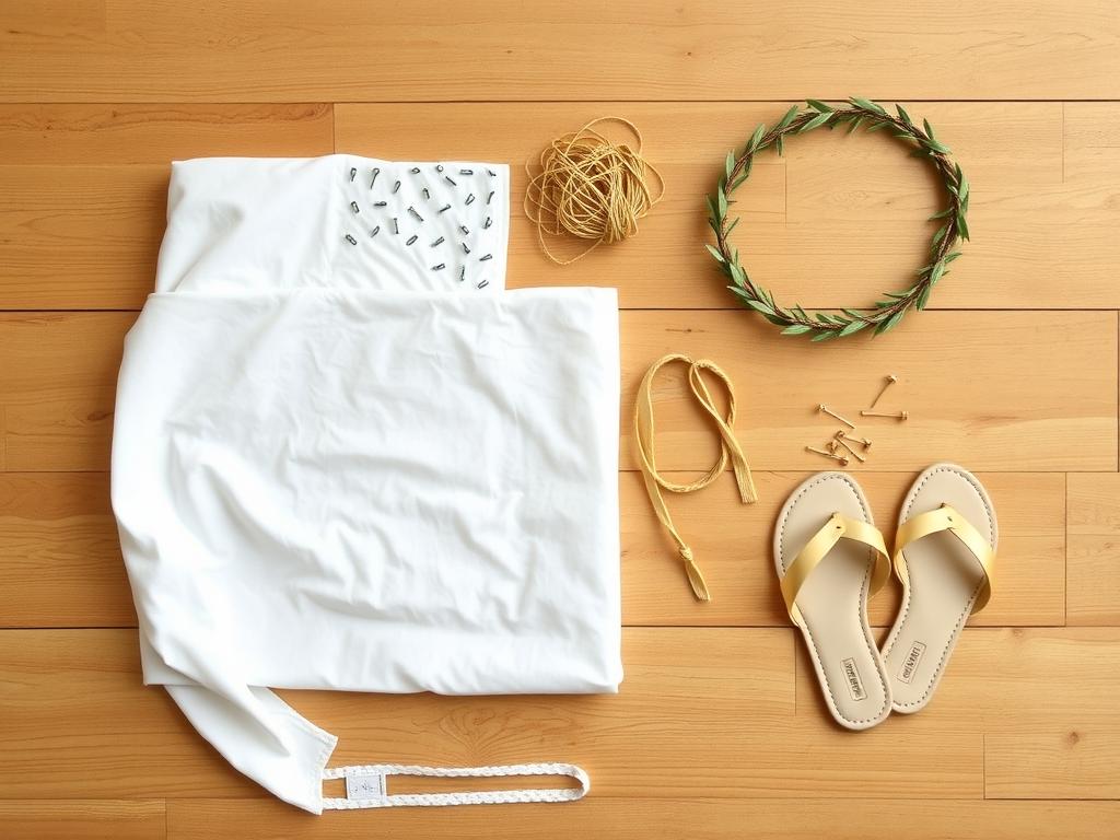 Materiały potrzebne do zrobienia stroju greckiego z prześcieradła ułożone na stole