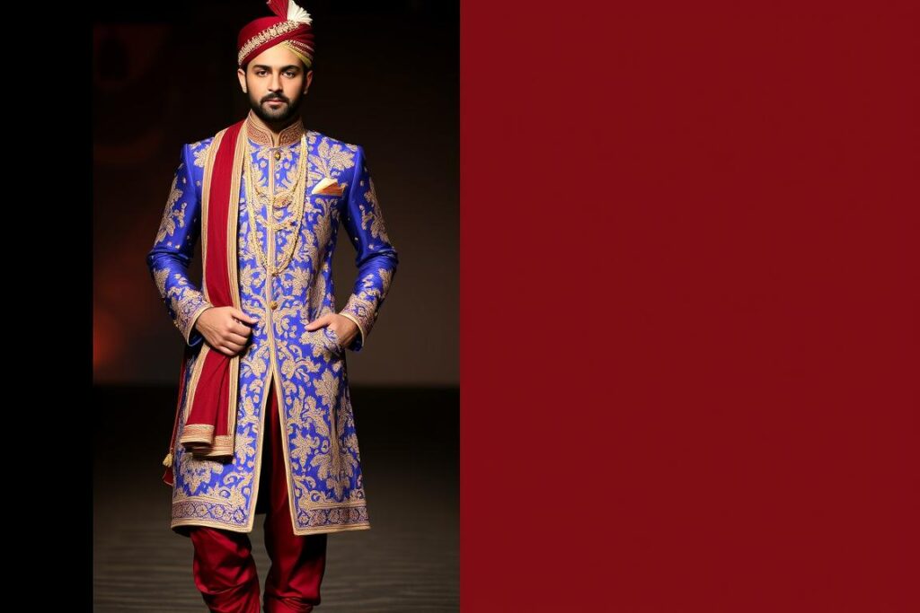 Męski strój w stylu Bollywood z bogatymi zdobieniami