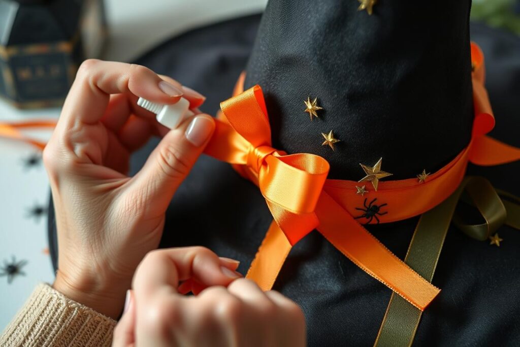 Proces ozdabiania kapelusza czarownicy różnymi materiałami