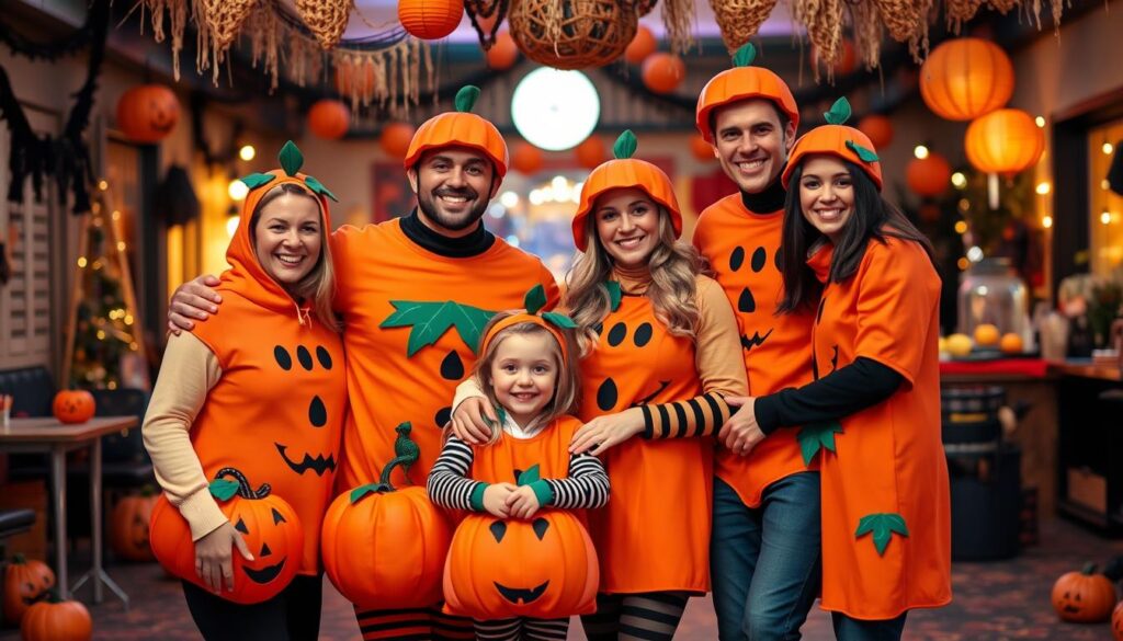 Rodzina w strojach dyni na Halloween