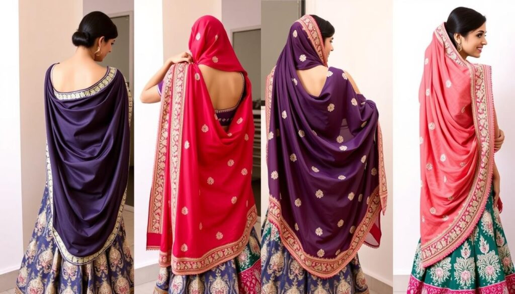Różne sposoby noszenia dupatty w stroju hinduskim