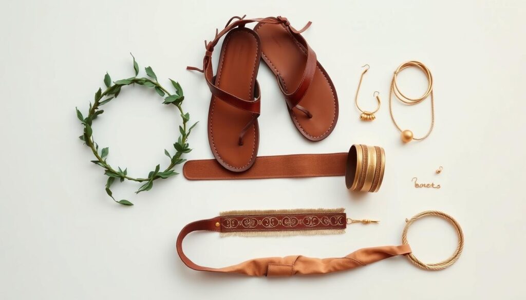 Zestaw dodatków do stroju greckiego: wianek laurowy, sandały, biżuteria