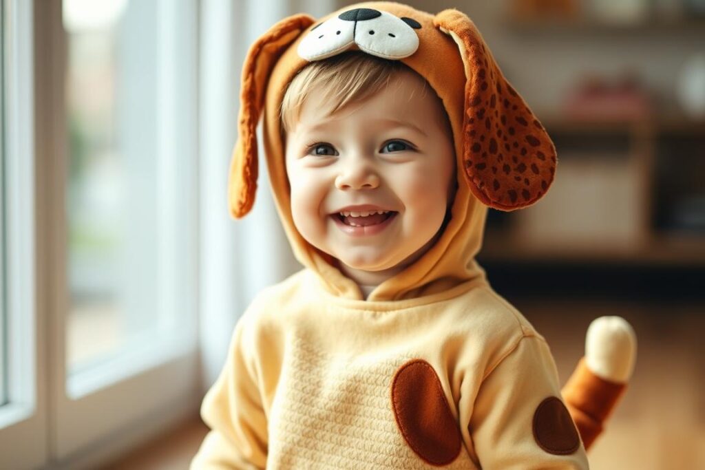 Dziecko w stroju pieska dopasowanym do jego potrzeb