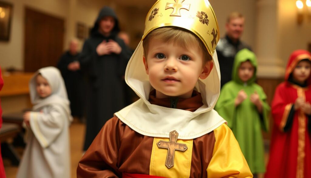 Dziecko w stroju świętej podczas balu wszystkich świętych