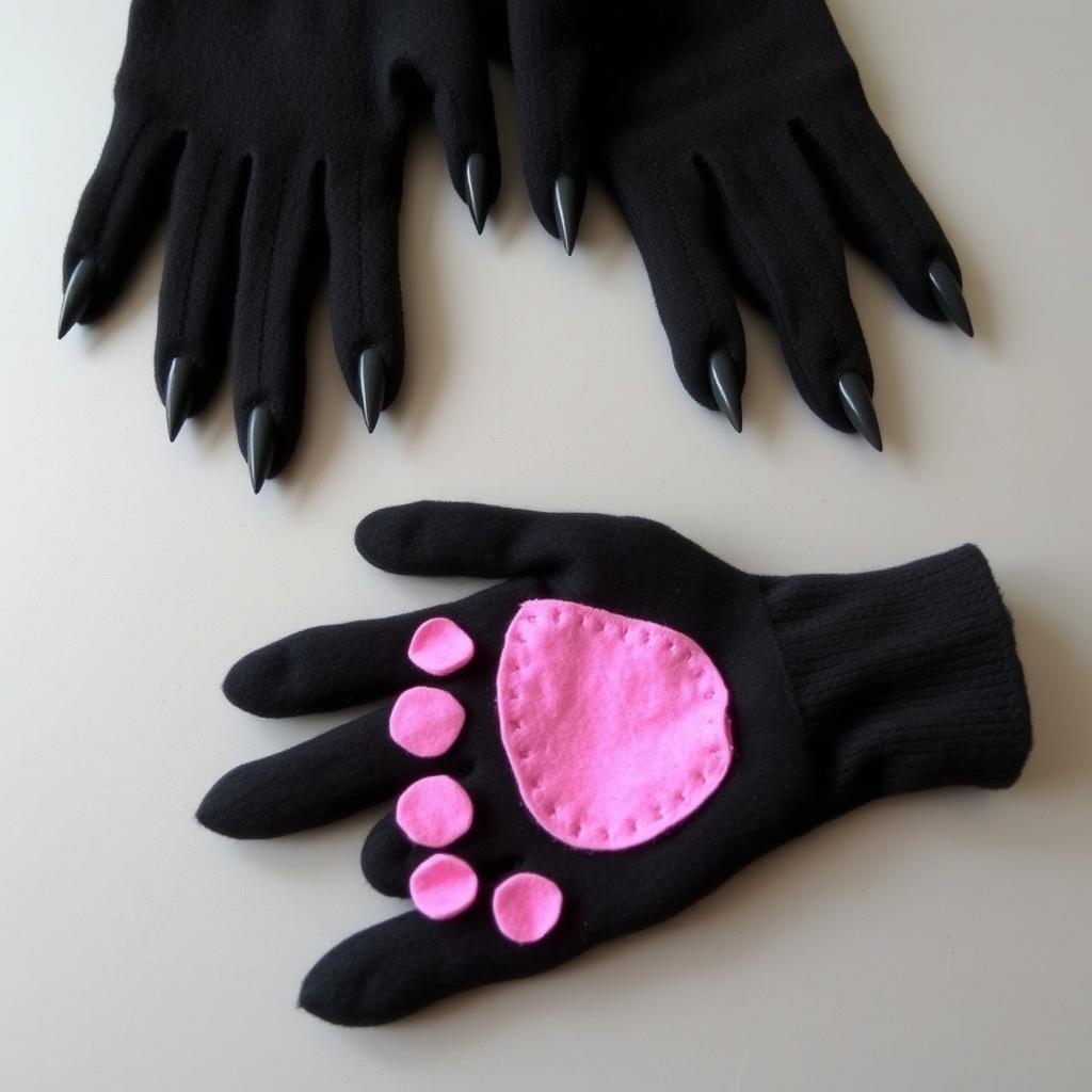 Gotowe łapy kota wykonane z rękawiczek i filcu