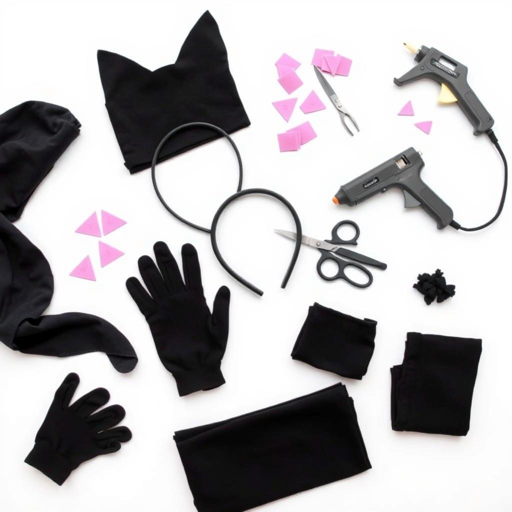 Materiały potrzebne do wykonania stroju kota - filc, opaska, rękawiczki, klej na gorąco, nożyczki