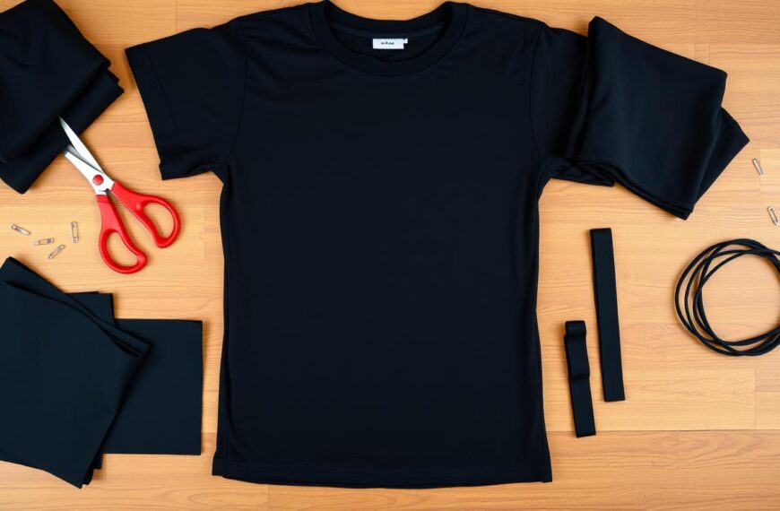 Materiały potrzebne do wykonania stroju ninja rozłożone na stole - czarna koszulka, materiał, nożyczki