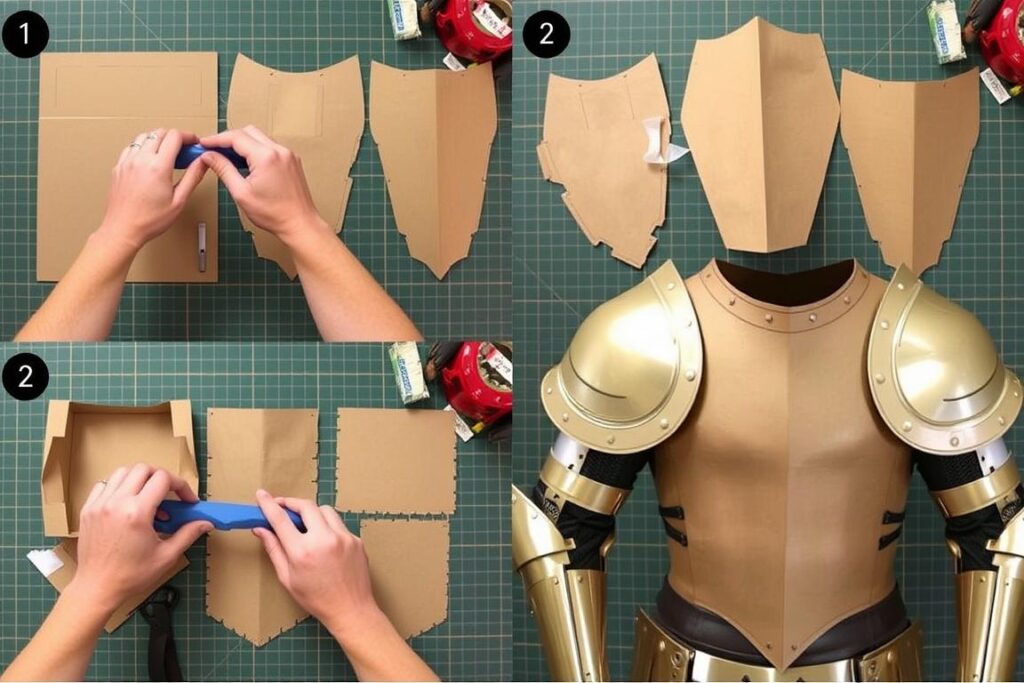Proces tworzenia zbroi rycerskiej z kartonu - wycinanie i składanie elementów stroju rycerza