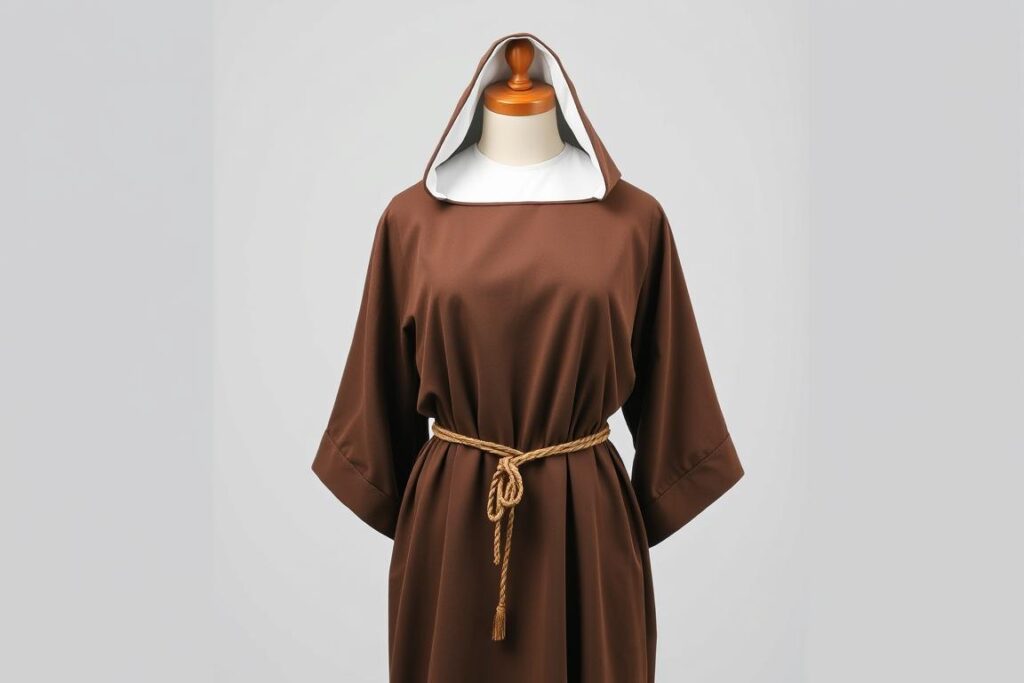 Prosty habit zakonny uszyty z brązowego materiału z kapturem
