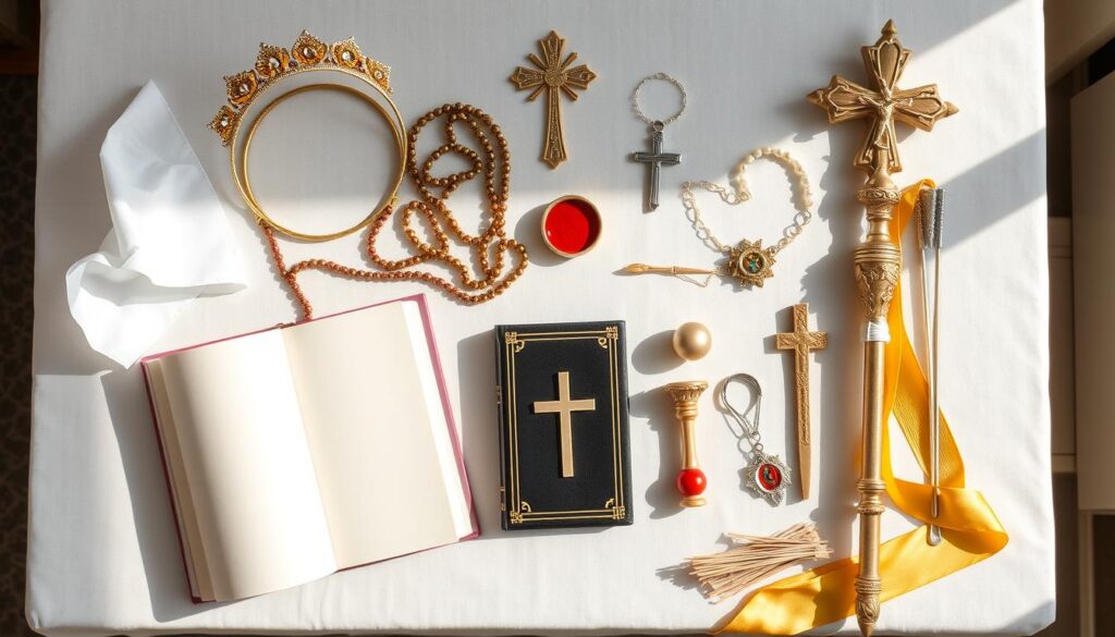 Różne atrybuty świętych - aureola, różaniec, laska, księga