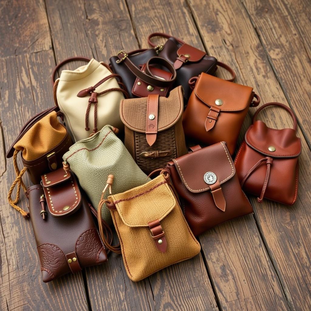 Różne rodzaje sakiewek średniowiecznych ze skóry i tkaniny