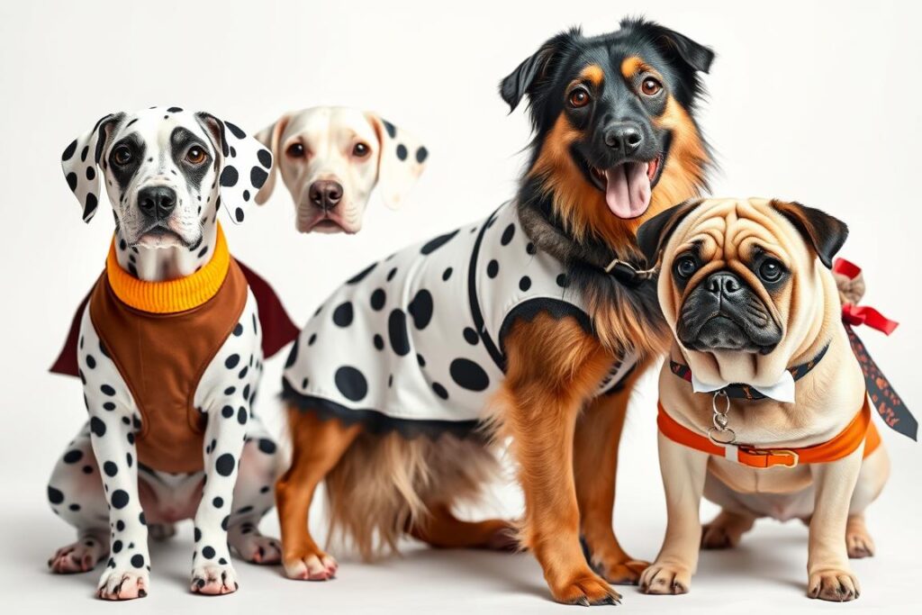 Różne style kompletnych strojów pieska dla różnych ras