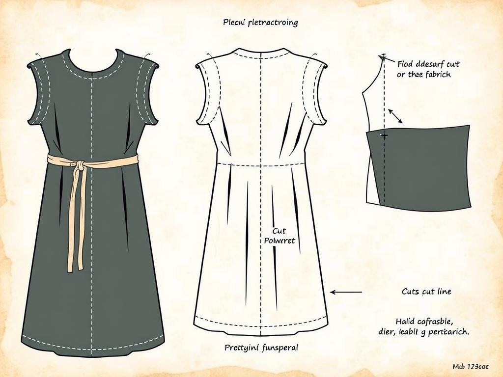 Schemat wykroju tuniki średniowiecznej męskiej z zaznaczonymi wymiarami