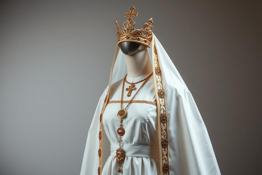 Strój świętej Jadwigi z charakterystycznymi elementami królewskimi