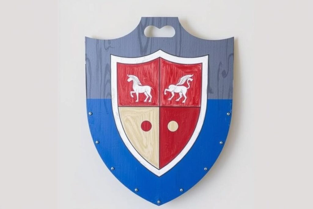 Tarcza rycerska DIY z kartonu z herbem - element stroju rycerza