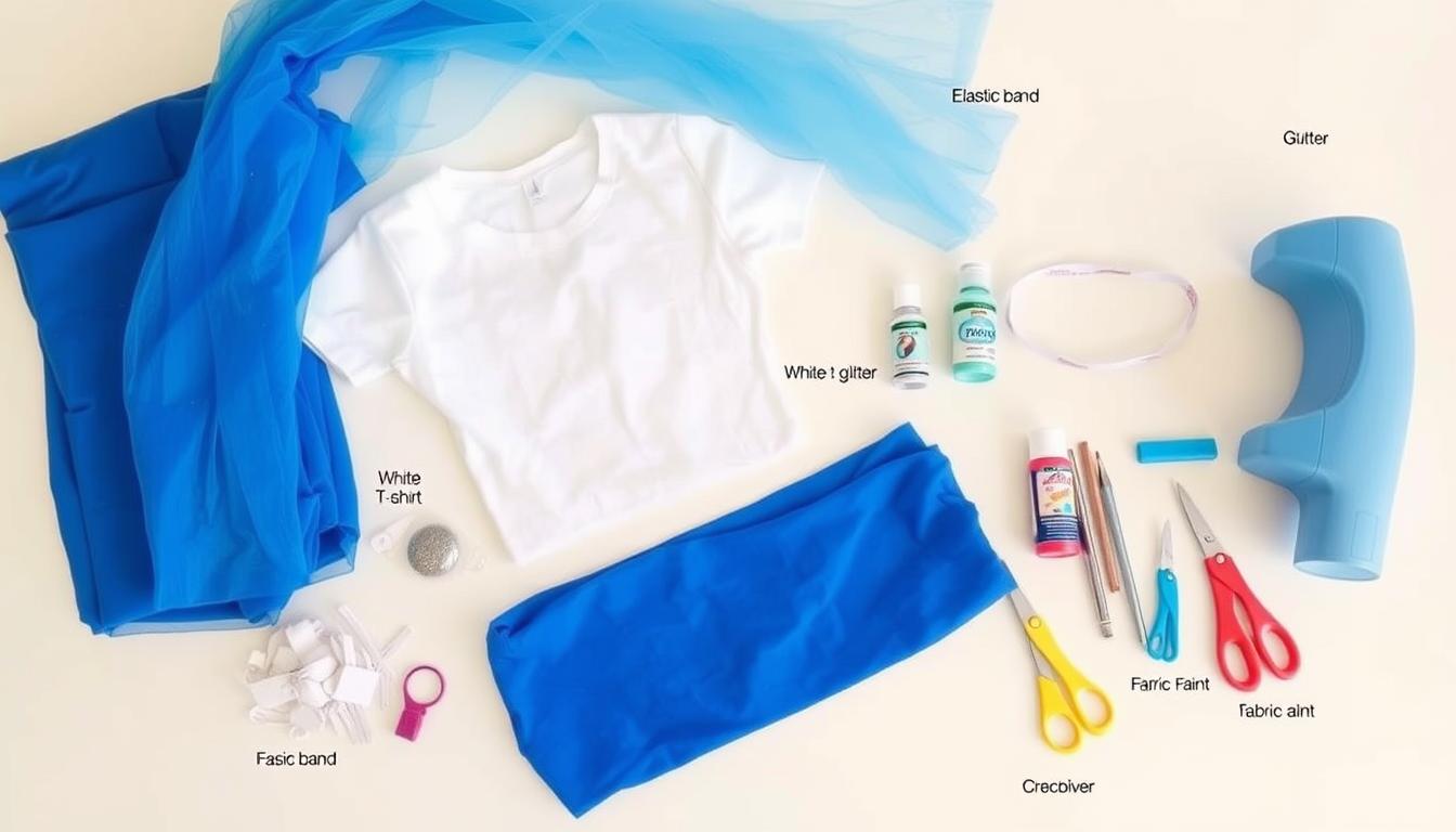 Materiały potrzebne do wykonania stroju Elsy z Krainy Lodu rozłożone na stole