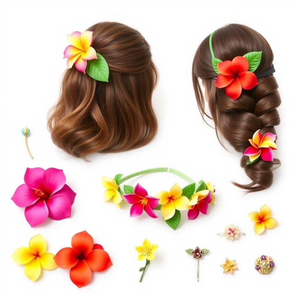 Różne ozdoby do włosów w stylu hawajskim - kwiaty, spinki, opaski