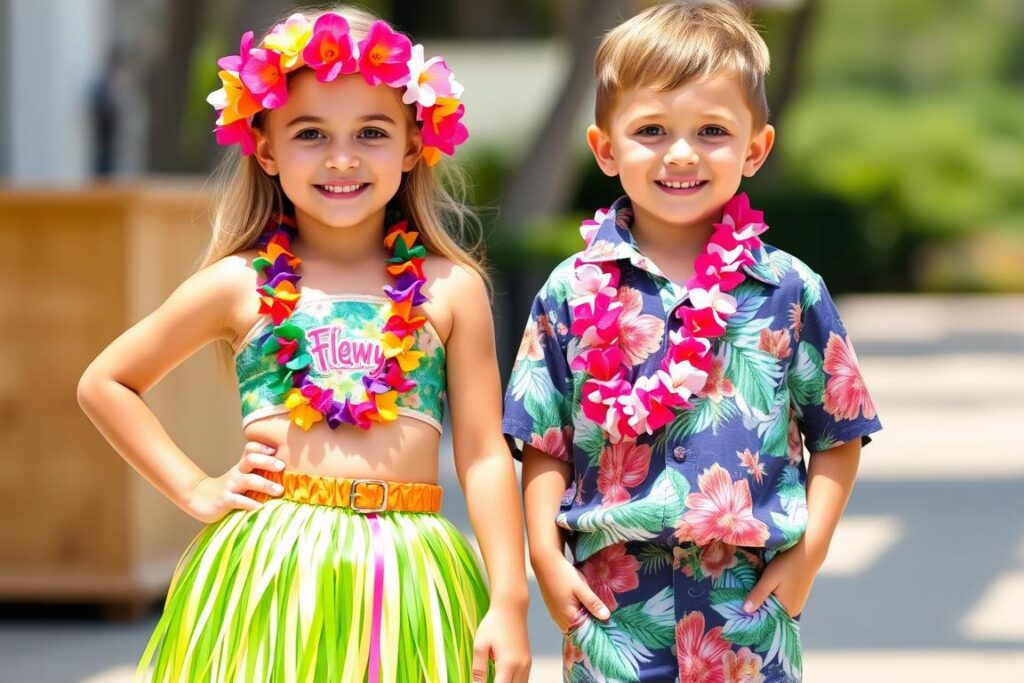 Strój hawajski dla dzieci - dziewczynka i chłopiec w kompletnych kostiumach