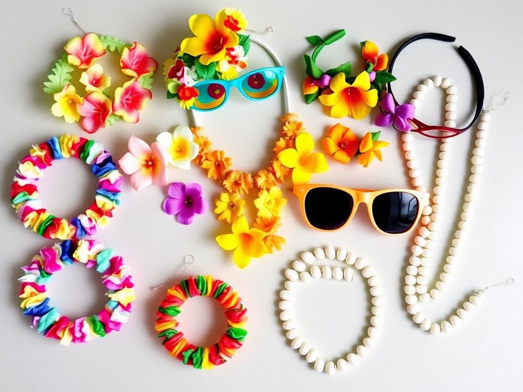 Zestaw dodatków do stroju hawajskiego - bransoletki, opaski, okulary